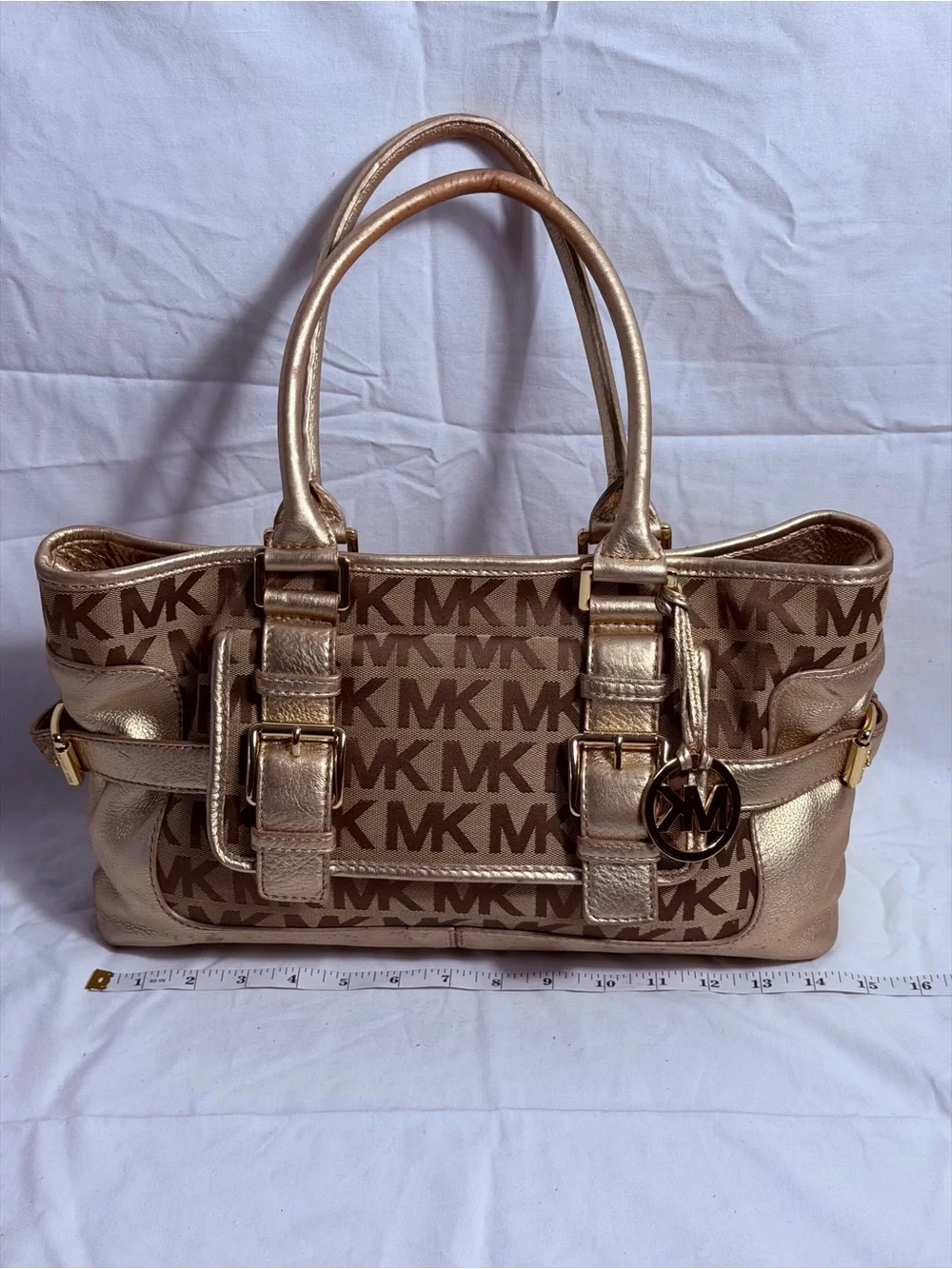 Michael Kors Gold Signature Jacquard Metallic Leather Satchel Bag